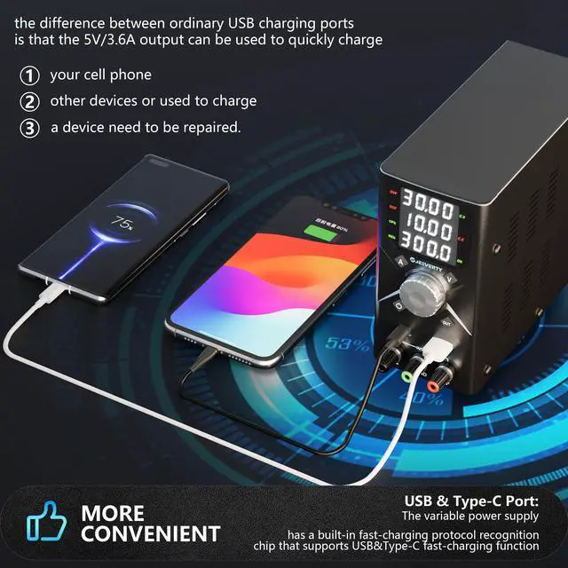 Alt view image 5 of 6 - KEHIPI DC Power Supply Variable, 0-30V 0-10A Adjustable Switching DC Regulated Bench Power Supply with 20W USB & Type-C Quick-Charge, Encoder Knob, 4-Digit LED Display, Preset Memory - SPS-3010X