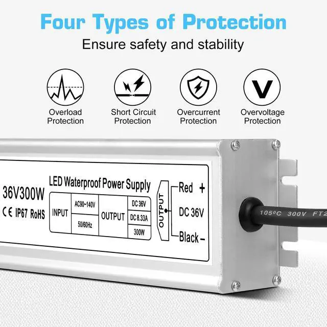 Alt view image 3 of 7 - KEHIPI 36V 300W LED Power Supply, IP67 Rainproof Waterproof Outdoor Driver,AC 90-140V to DC 36V Low Voltage Transformer, Adapter Converter for LED Light, Computer Project, Outdoor Use