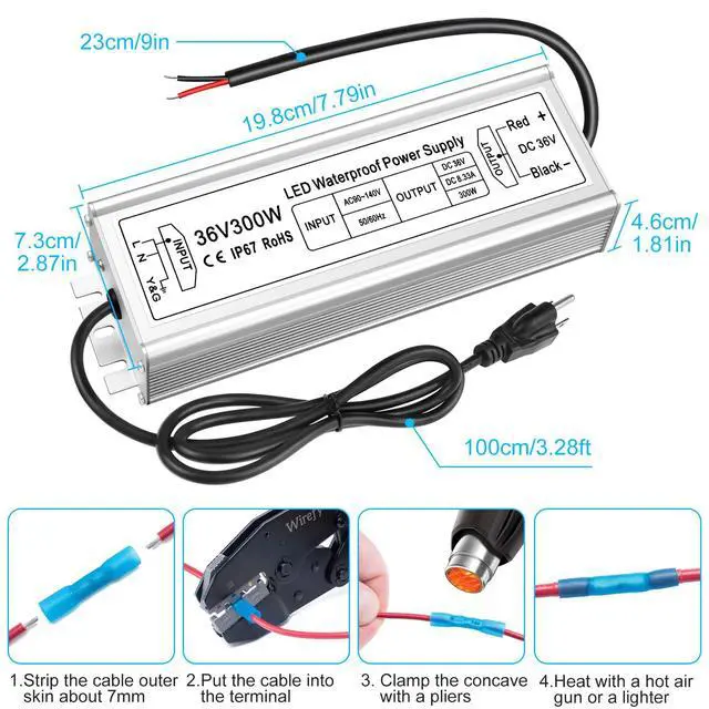Alt view image 2 of 7 - KEHIPI 36V 300W LED Power Supply, IP67 Rainproof Waterproof Outdoor Driver,AC 90-140V to DC 36V Low Voltage Transformer, Adapter Converter for LED Light, Computer Project, Outdoor Use
