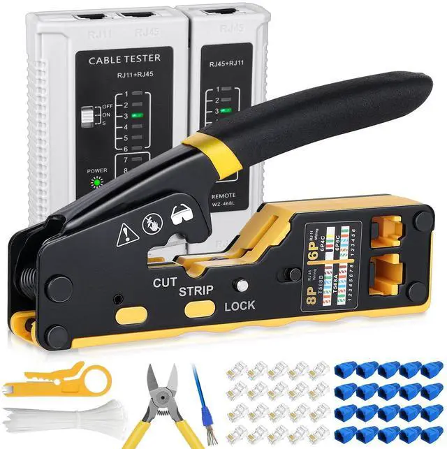 Main image of KEHIPI RJ45 Crimp Tool Kit Pass Through Crimper Tool for 8P RJ45 Cat5 Cat5e Cat6 Cat6a 6P RJ11/12 Modular Connectors, All-in-One RJ45 Tools Stripper Cutter Crimper Ethernet Crimping Tool Kit (144PCS)
