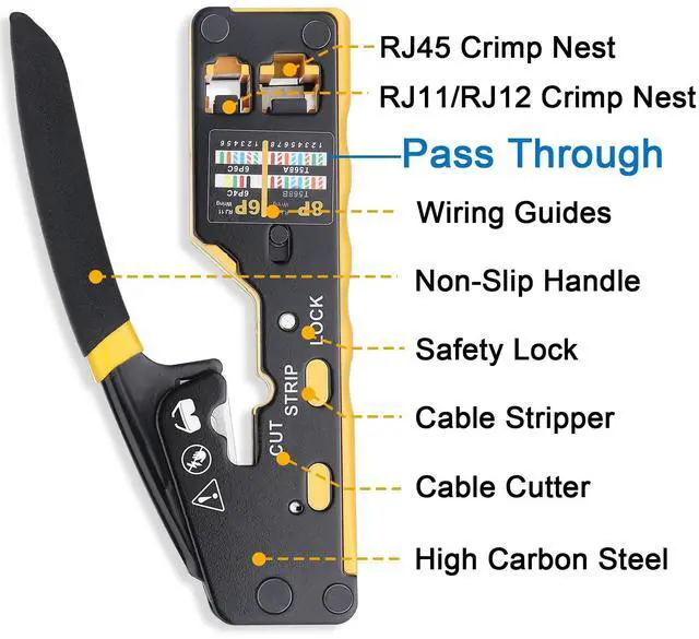 Alt view image 3 of 7 - KEHIPI RJ45 Crimp Tool Kit Pass Through Crimper Tool for 8P RJ45 Cat5 Cat5e Cat6 Cat6a 6P RJ11/12 Modular Connectors, All-in-One RJ45 Tools Stripper Cutter Crimper Ethernet Crimping Tool Kit (144PCS)