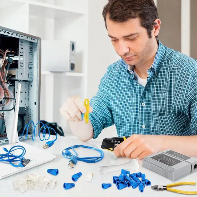 Alt view image 4 of 7 - KEHIPI RJ45 Crimp Tool Kit Pass Through Crimper Tool for 8P RJ45 Cat5 Cat5e Cat6 Cat6a 6P RJ11/12 Modular Connectors, All-in-One RJ45 Tools Stripper Cutter Crimper Ethernet Crimping Tool Kit (144PCS)