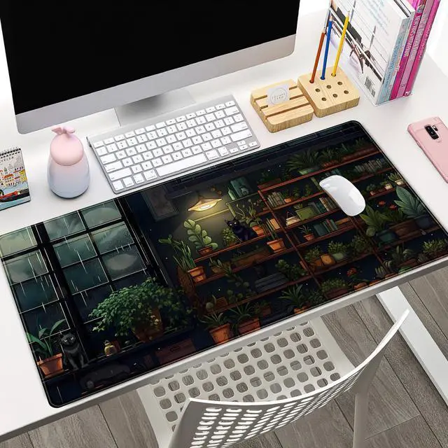 Alt view image 2 of 7 - KEHIPI Lofi Cat Desk Mat Dark Green Plant Books Desk Pad Black Cat Aesthetic Anime Big Mouse Pad Large Gaming Mousepad XL Cool Keyboard Pad Deskmat Laptop Computer Mouse Mat 31.5X 15.7in