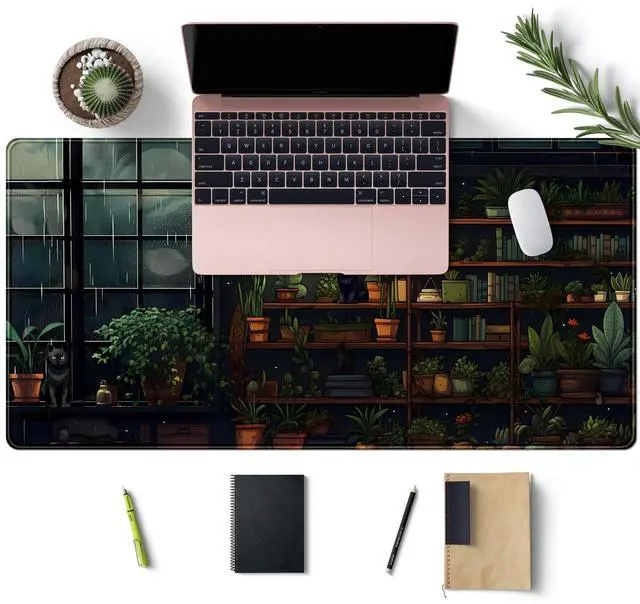 Alt view image 3 of 7 - KEHIPI Lofi Cat Desk Mat Dark Green Plant Books Desk Pad Black Cat Aesthetic Anime Big Mouse Pad Large Gaming Mousepad XL Cool Keyboard Pad Deskmat Laptop Computer Mouse Mat 31.5X 15.7in