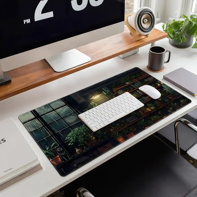 Alt view image 4 of 7 - KEHIPI Lofi Cat Desk Mat Dark Green Plant Books Desk Pad Black Cat Aesthetic Anime Big Mouse Pad Large Gaming Mousepad XL Cool Keyboard Pad Deskmat Laptop Computer Mouse Mat 31.5X 15.7in
