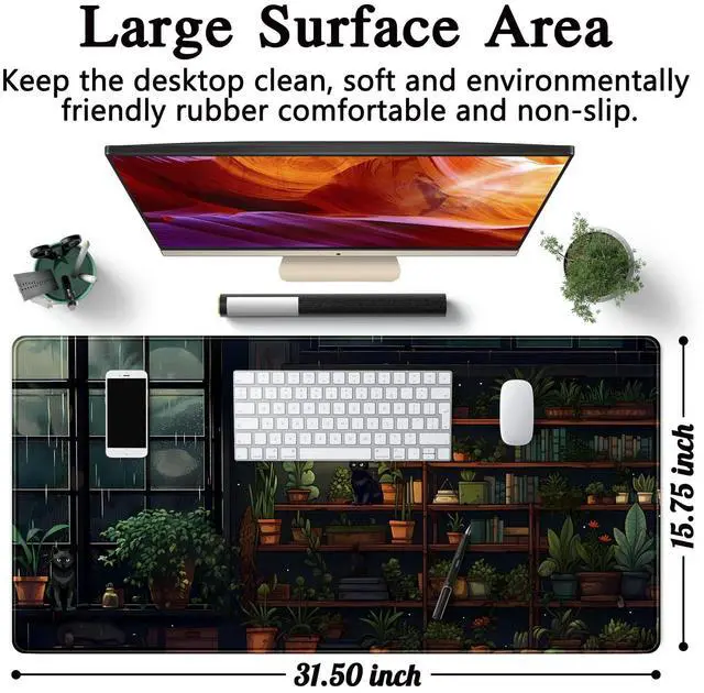 Alt view image 6 of 7 - KEHIPI Lofi Cat Desk Mat Dark Green Plant Books Desk Pad Black Cat Aesthetic Anime Big Mouse Pad Large Gaming Mousepad XL Cool Keyboard Pad Deskmat Laptop Computer Mouse Mat 31.5X 15.7in