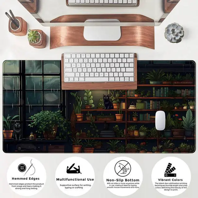 Alt view image 7 of 7 - KEHIPI Lofi Cat Desk Mat Dark Green Plant Books Desk Pad Black Cat Aesthetic Anime Big Mouse Pad Large Gaming Mousepad XL Cool Keyboard Pad Deskmat Laptop Computer Mouse Mat 31.5X 15.7in
