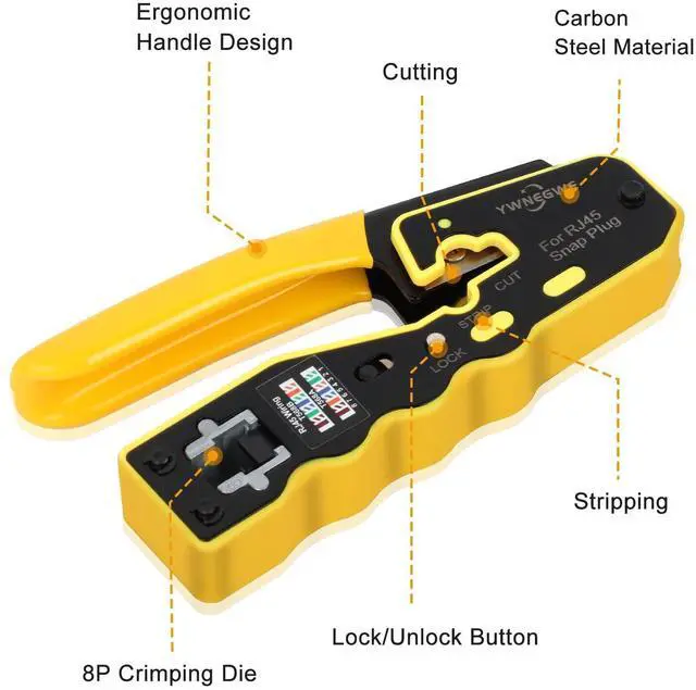 Alt view image 3 of 7 - KEHIPI RJ45 Crimp Tool Kit Pass Through Ethernet Crimper for Cat5e Cat6 Cat6a 8P8C Modular Plugs,Cat6 Crimping Tool with 20 Connectors,20 Covers,1 Mini Stripper,100 Cable Zip Ties,1 Cable Tester