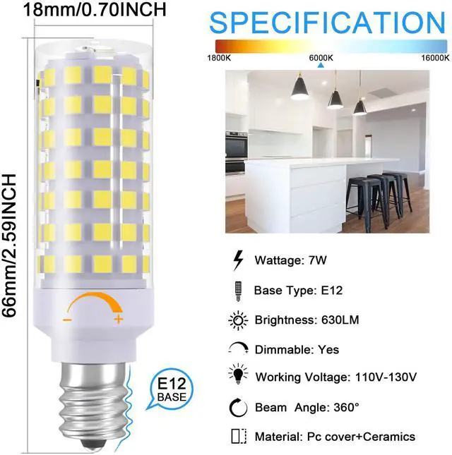 Alt view image 4 of 7 - KEHIPI E12 LED Light Bulb Dimmable, 60W Halogen Equivalent, 6000K Daylight White, T6 Small Base 120V 7W 630LM C7 Bulbs for Ceiling Fan, Chandelier, Pendant Lighting, Salt Lamp, 3 Pack