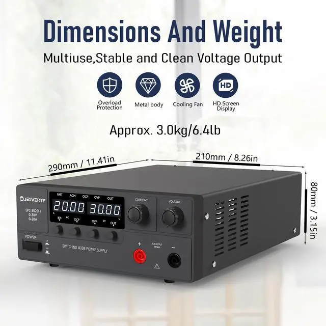 Alt view image 3 of 6 - KEHIPI DC Power Supply Variable, 0-30V 0-20A 600W Switching DC Regulated Bench Power Supply with Encoder Knob, Output On/Off Switch, 4-Digit LED Display, OVP & OCP, Aux Output Terminal - SPS-3020H