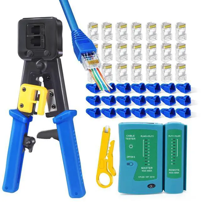 Main image of KEHIPI RJ45 Crimp Tool Cat6 Cat5e Cat5 Ethernet Crimper Kit for RJ45 RJ12/11 Pass Through Connectors with 50pcs rj45 Cat6 Pass Through Connectors, 50pcs Covers, Wire Stripper; Network Cable Tester