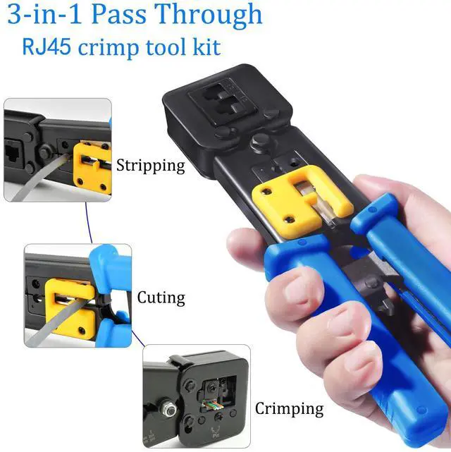 Alt view image 2 of 6 - KEHIPI RJ45 Crimp Tool Cat6 Cat5e Cat5 Ethernet Crimper Kit for RJ45 RJ12/11 Pass Through Connectors with 50pcs rj45 Cat6 Pass Through Connectors, 50pcs Covers, Wire Stripper; Network Cable Tester