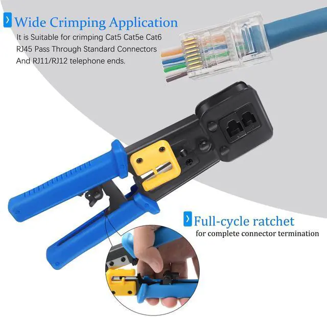 Alt view image 3 of 6 - KEHIPI RJ45 Crimp Tool Cat6 Cat5e Cat5 Ethernet Crimper Kit for RJ45 RJ12/11 Pass Through Connectors with 50pcs rj45 Cat6 Pass Through Connectors, 50pcs Covers, Wire Stripper; Network Cable Tester