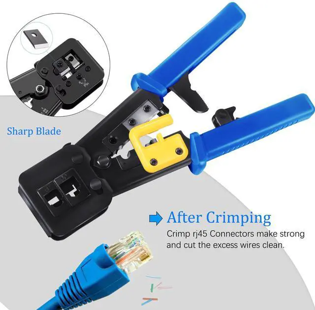 Alt view image 4 of 6 - KEHIPI RJ45 Crimp Tool Cat6 Cat5e Cat5 Ethernet Crimper Kit for RJ45 RJ12/11 Pass Through Connectors with 50pcs rj45 Cat6 Pass Through Connectors, 50pcs Covers, Wire Stripper; Network Cable Tester