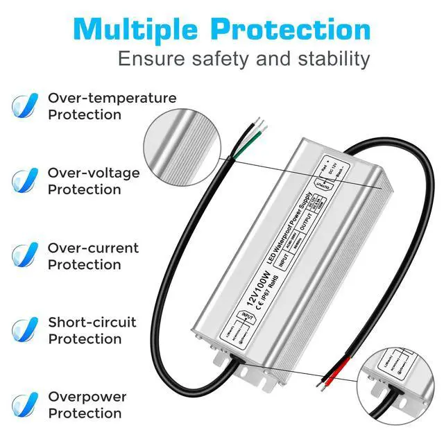 Alt view image 2 of 7 - KEHIPI LED Driver 100W 12V Power Supply, Waterproof IP67 100V-260V AC to 12V DC Transformer Adapter, Low Voltage Output for LED Light, Computer Project, and Other 12V DC led Lights