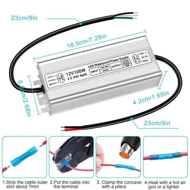 Alt view image 6 of 7 - KEHIPI LED Driver 100W 12V Power Supply, Waterproof IP67 100V-260V AC to 12V DC Transformer Adapter, Low Voltage Output for LED Light, Computer Project, and Other 12V DC led Lights