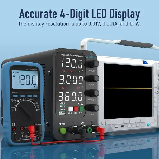 Alt view image 3 of 6 - KEHIPI  DC Power Supply Variable, 0-120V 0-3A Switching Bench Power Supply with Intelligent Charging Mode, 20W USB & Type-C Quick-Charge, Encoder Knob, Output Switch, 4-Digit LED Display - SPS-12003C