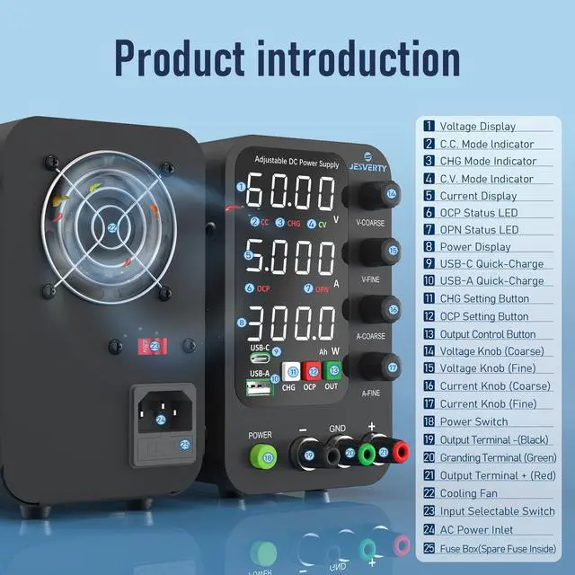 Alt view image 4 of 6 - KEHIPI DC Power Supply Variable, 0-60V 0-5A Switching Bench Power Supply with Intelligent Charging Mode, 20W USB & Type-C Quick-Charge, Encoder Knob, Output Switch, 4-Digit LED Display - SPS-6005C