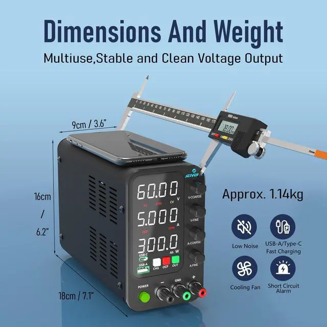 Alt view image 5 of 6 - KEHIPI DC Power Supply Variable, 0-60V 0-5A Switching Bench Power Supply with Intelligent Charging Mode, 20W USB & Type-C Quick-Charge, Encoder Knob, Output Switch, 4-Digit LED Display - SPS-6005C