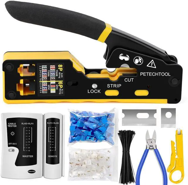 Main image of KEHIPI RJ45 Crimp Tool Pass Through Ethernet Crimping Tool Kit Cat6 Cat5e Cat6a RJ45 Crimper with Cable Tester, Cat6 Connectors with RJ45 Boot Covers, Mini Stripper, Blades and Cable Ties