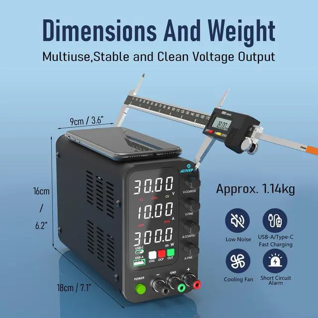 Alt view image 5 of 7 - KEHIPI DC Power Supply Variable, 0-32V 0-10A Switching Bench Power Supply with Intelligent Charging Mode, 20W USB & Type-C Quick-Charge, Encoder Knob, Output Switch, 4-Digit LED Display - SPS-3010C