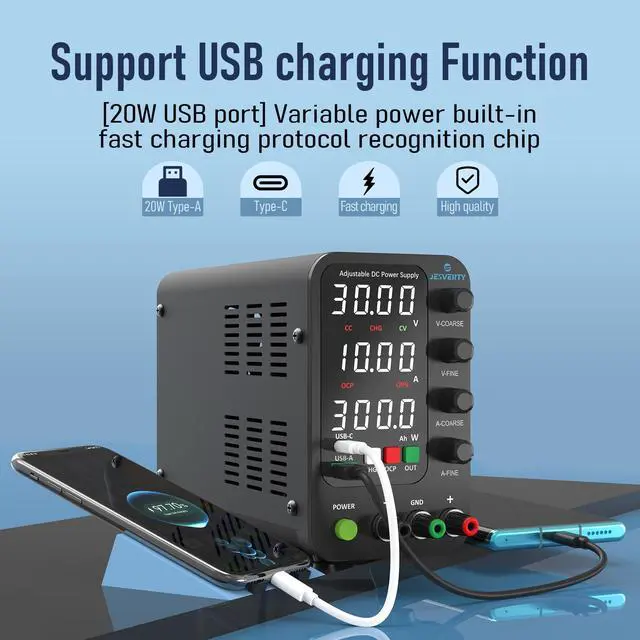 Alt view image 4 of 7 - KEHIPI DC Power Supply Variable, 0-32V 0-10A Switching Bench Power Supply with Intelligent Charging Mode, 20W USB & Type-C Quick-Charge, Encoder Knob, Output Switch, 4-Digit LED Display - SPS-3010C