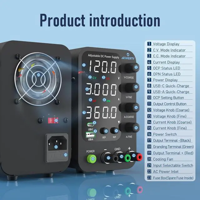 Alt view image 3 of 6 - KEHIPI DC Power Supply Variable, 0-120V 0-3A Switching Bench Power Supply with 20W USB & Type-C Quick-Charge, Encoder Corase & Fine Adjustment Knob, Output Switch, 4-Digit LED Display - SPS-12003V