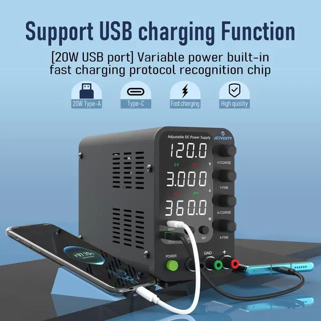 Alt view image 5 of 6 - KEHIPI DC Power Supply Variable, 0-120V 0-3A Switching Bench Power Supply with 20W USB & Type-C Quick-Charge, Encoder Corase & Fine Adjustment Knob, Output Switch, 4-Digit LED Display - SPS-12003V