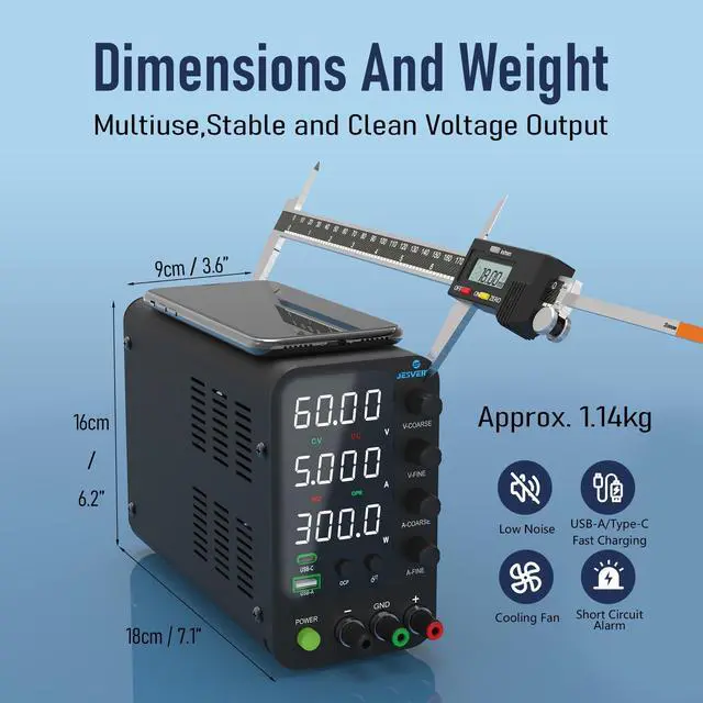 Alt view image 5 of 6 - KEHIPI DC Power Supply Variable, 0-60V 0-5A Switching Bench Power Supply with 20W USB & Type-C Quick-Charge, Encoder Corase & Fine Adjustment Knob, Output Switch, 4-Digit LED Display - SPS-6005V