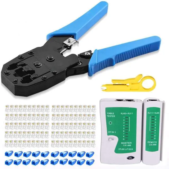 Main image of KEHIPI rj45 Crimp Tool Kit, Cat5 Cat5e Crimping Tool with 100pcs rj45 Cat5 Connectors, 20pcs rj45 Cat5e Connector Covers, Cable Tester, Network Wire Stripper