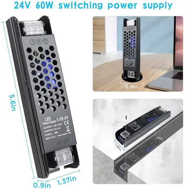 Alt view image 5 of 7 - KEHIPI DC 24V 60W Power Supply, AC 110~250V to DC 24 Volt 2.5A Transformer, LED Driver Adapter for LED Strip Light,Camera and Other 24V Products