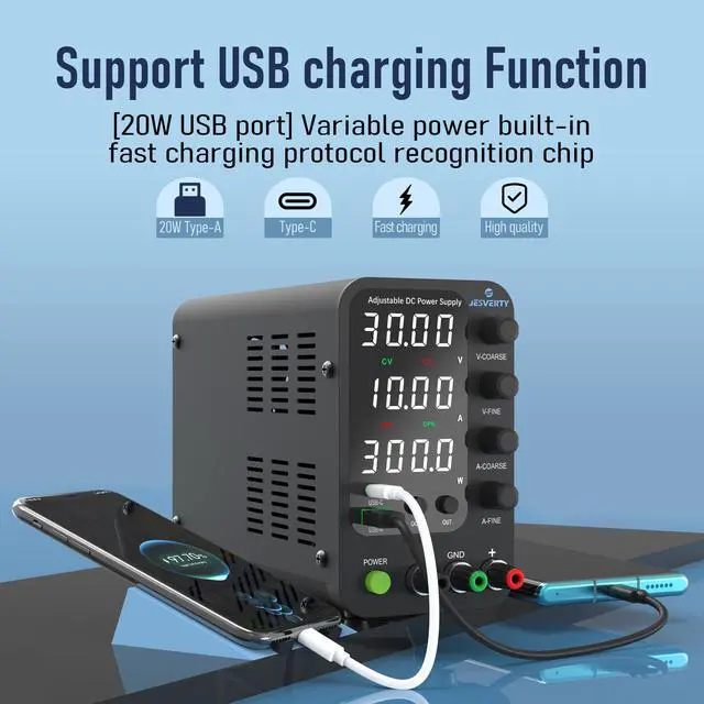 Alt view image 2 of 6 - KEHIPI DC Power Supply Variable, 0-32V 0-10A Switching Bench Power Supply with 20W USB & Type-C Quick-Charge, Encoder Corase & Fine Adjustment Knob, Output Switch, 4-Digit LED Display - SPS-3010V