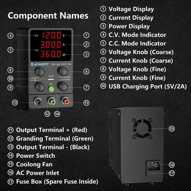 Alt view image 3 of 7 - DC Power Supply Variable, 0-120V 0-3A Adjustable Switching DC Regulated Bench Power Supply with High Precision 4-Digit LED Display, 5V/2A USB Port, Coarse and Fine Adjustment SPS-12003