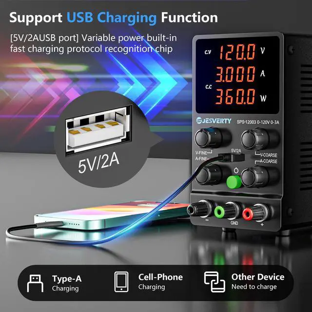 Alt view image 4 of 7 - DC Power Supply Variable, 0-120V 0-3A Adjustable Switching DC Regulated Bench Power Supply with High Precision 4-Digit LED Display, 5V/2A USB Port, Coarse and Fine Adjustment SPS-12003