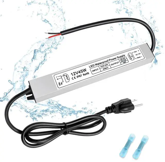 Main image of KEHIPI 45W 12V Power Supply, AC 90-265V to DC 12 Volt 3.8A LED Power Supply, IP67 Waterproof LED Driver Low Voltage Transformer with 3-Prong Plug for LED Light, Computer Project, Outdoor Use