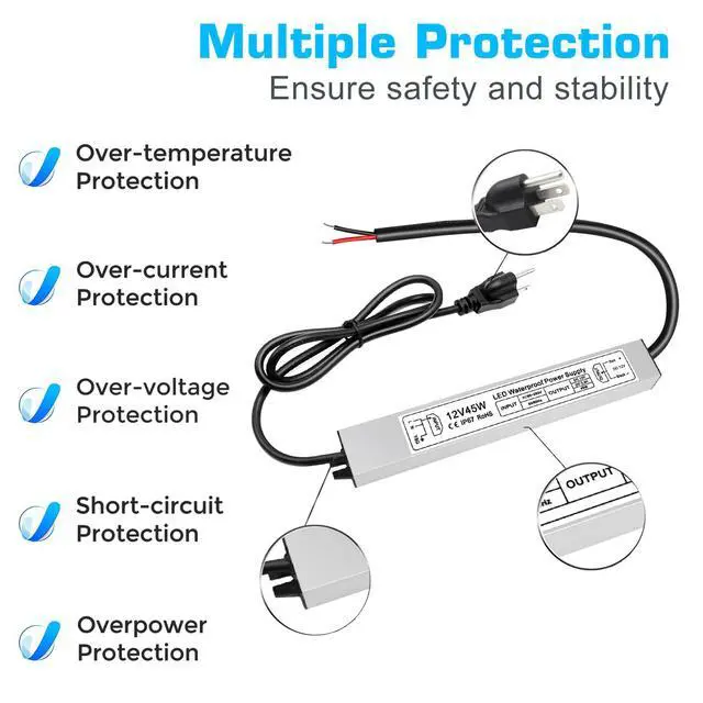 Alt view image 2 of 7 - KEHIPI 45W 12V Power Supply, AC 90-265V to DC 12 Volt 3.8A LED Power Supply, IP67 Waterproof LED Driver Low Voltage Transformer with 3-Prong Plug for LED Light, Computer Project, Outdoor Use