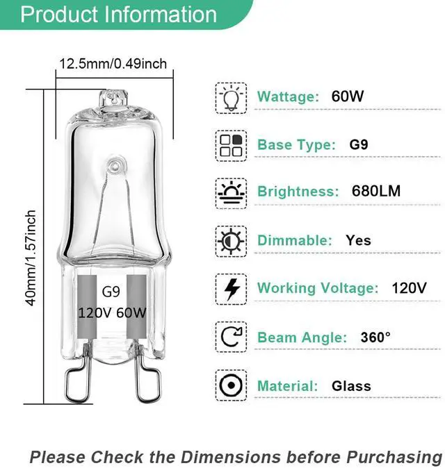 Alt view image 3 of 7 - KEHIPI G9 Bulb, 12 Pack G9 Halogen Light Bulbs 2 Pin Base JC Type, 120V T4 Bi-Pin 60W Xenon Small Light Bulb for Chandeliers, Pendants, Cabinet Lights, Bathroom Light Bulbs, Warm White 2700K, Dimmable