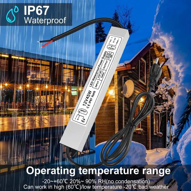 Alt view image 4 of 7 - KEHIPI 45W 12V Power Supply, AC 90-265V to DC 12 Volt 3.8A LED Power Supply, IP67 Waterproof LED Driver Low Voltage Transformer with 3-Prong Plug for LED Light, Computer Project, Outdoor Use