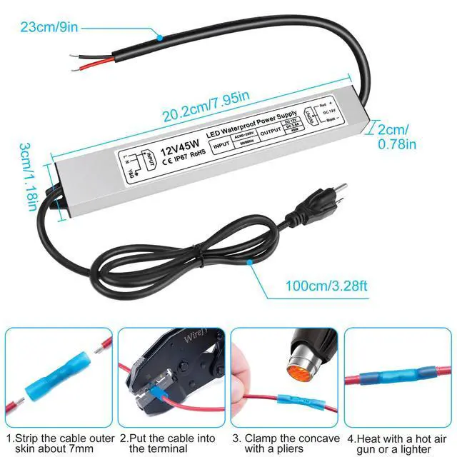 Alt view image 6 of 7 - KEHIPI 45W 12V Power Supply, AC 90-265V to DC 12 Volt 3.8A LED Power Supply, IP67 Waterproof LED Driver Low Voltage Transformer with 3-Prong Plug for LED Light, Computer Project, Outdoor Use