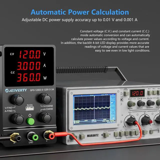 Alt view image 5 of 7 - DC Power Supply Variable, 0-120V 0-3A Adjustable Switching DC Regulated Bench Power Supply with High Precision 4-Digit LED Display, 5V/2A USB Port, Coarse and Fine Adjustment SPS-12003