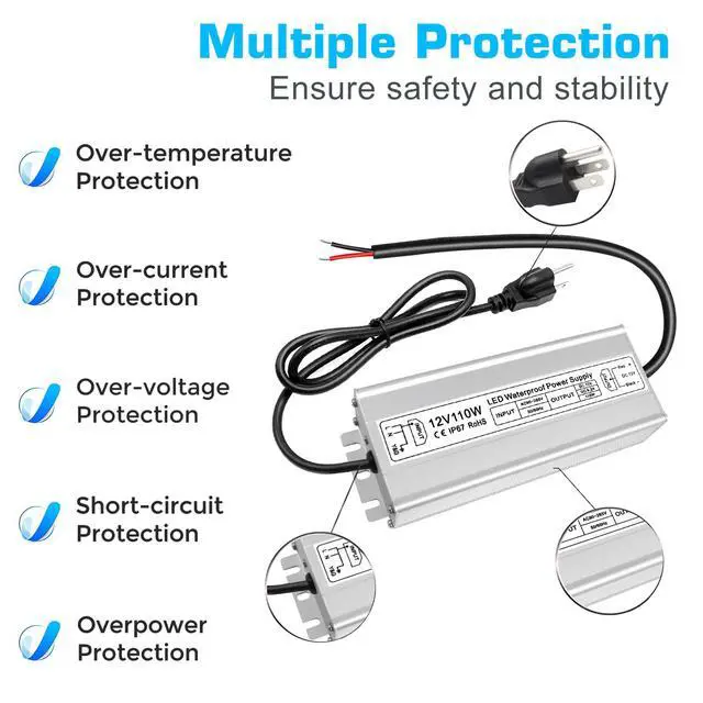 Alt view image 2 of 7 - KEHIPI 12V Power Supply, LED Driver IP67 Waterproof 110W, AC 90-265V to DC 12 Volt 9.16A LED Power Supply, Low Voltage Transformer with 3-Prong Plug for LED Light, Computer Project, Outdoor Use