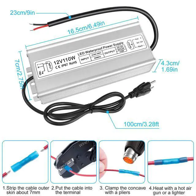 Alt view image 5 of 7 - KEHIPI 12V Power Supply, LED Driver IP67 Waterproof 110W, AC 90-265V to DC 12 Volt 9.16A LED Power Supply, Low Voltage Transformer with 3-Prong Plug for LED Light, Computer Project, Outdoor Use