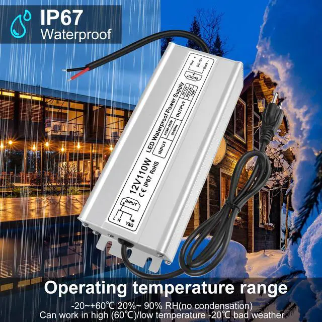 Alt view image 6 of 7 - KEHIPI 12V Power Supply, LED Driver IP67 Waterproof 110W, AC 90-265V to DC 12 Volt 9.16A LED Power Supply, Low Voltage Transformer with 3-Prong Plug for LED Light, Computer Project, Outdoor Use