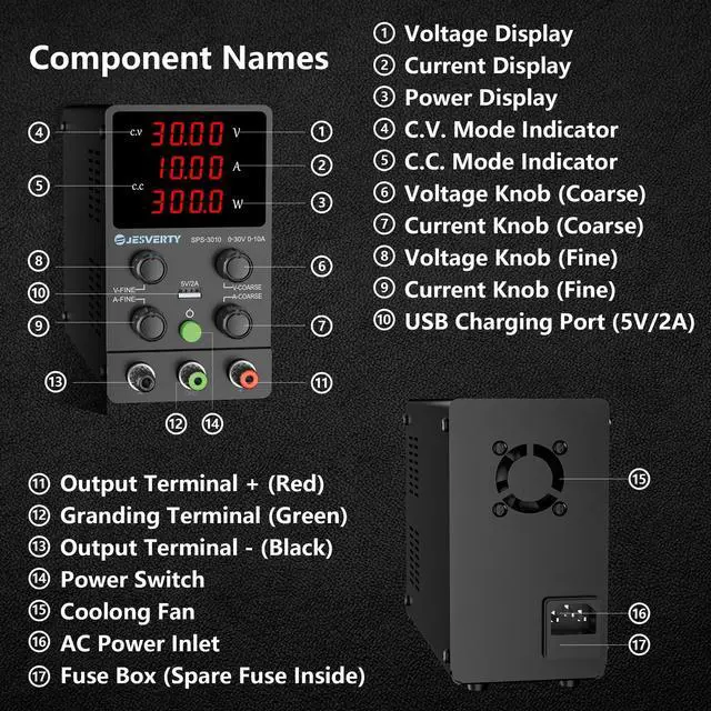 Alt view image 3 of 7 - DC Power Supply Variable, 0-30V 0-10A Adjustable Switching DC Regulated Bench Power Supply with High Precision 4-Digit LED Display, 5V/2A USB Port, Coarse and Fine Adjustment SPS-3010