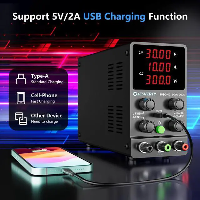 Alt view image 4 of 7 - DC Power Supply Variable, 0-30V 0-10A Adjustable Switching DC Regulated Bench Power Supply with High Precision 4-Digit LED Display, 5V/2A USB Port, Coarse and Fine Adjustment SPS-3010