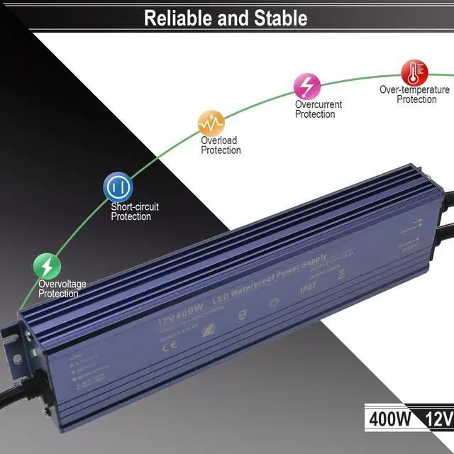 Alt view image 3 of 6 - KEHIPI 12V LED Power Supply 400W Low Voltage Transformer Adapter,AC110-130V to DC12V 33.4A 400 Watts LED Driver Waterproof IP67 for Indoor and Outdoor LED Lights Use