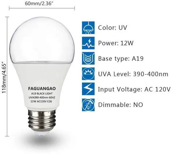Alt view image 4 of 7 - KEHIPI LED Black Light Bulb,12W(100Watt Equivalent) A19 UV Blacklight Bulb,120V,UVA Level 390-400nm,E26 Medium Base,Glow in The Dark for Blacklight Party,Fluorescent Poster,Neon Glow(2 Pack)