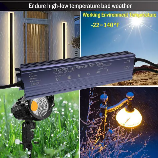 Alt view image 6 of 6 - KEHIPI 12V LED Power Supply 400W Low Voltage Transformer Adapter,AC110-130V to DC12V 33.4A 400 Watts LED Driver Waterproof IP67 for Indoor and Outdoor LED Lights Use