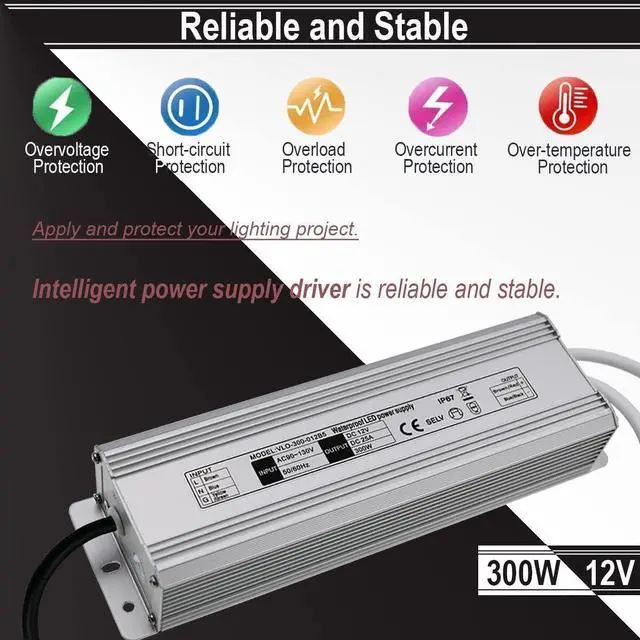 Alt view image 2 of 6 - KEHIPI  12V LED Power Supply 300W Low Voltage Transformer Adapter,AC100-130V to DC12V 25A 300 Watts LED Driver Waterproof IP67 for Indoor and Outdoor LED Lights Use