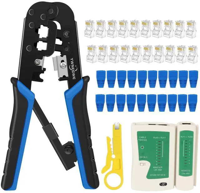 Main image of KEHIPI RJ45 Crimping Tool Kit Ethernet Crimp Set, RJ-11, 6P/RJ-12, 8P/RJ-45 Crimp, Cut and Strip with 20PCS CAT5 CAT5e Connectors, Covers,1 Network Cable Tester 1 Wire Stripper